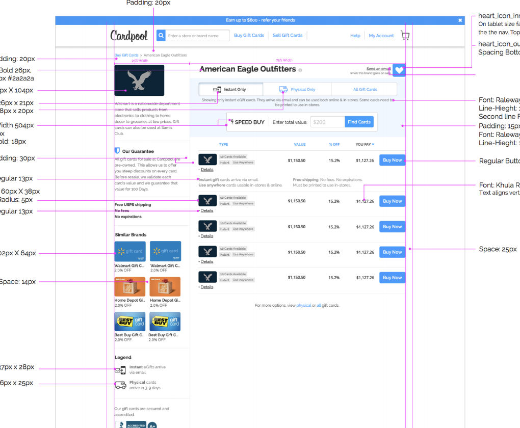 screenshot of Cardpool website inventory list page